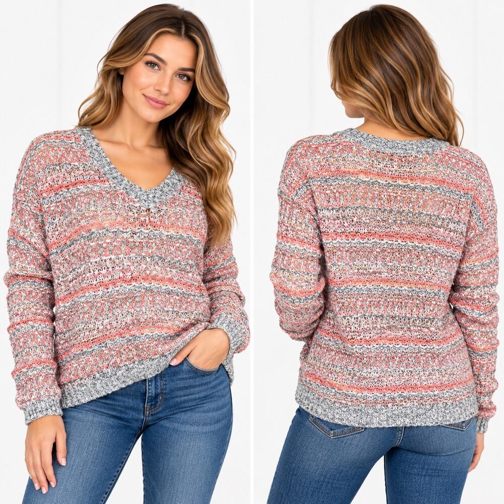 Aeropostale Pink Gray Striped Knit Sweater V Neck Long Sleeve Pullover Large